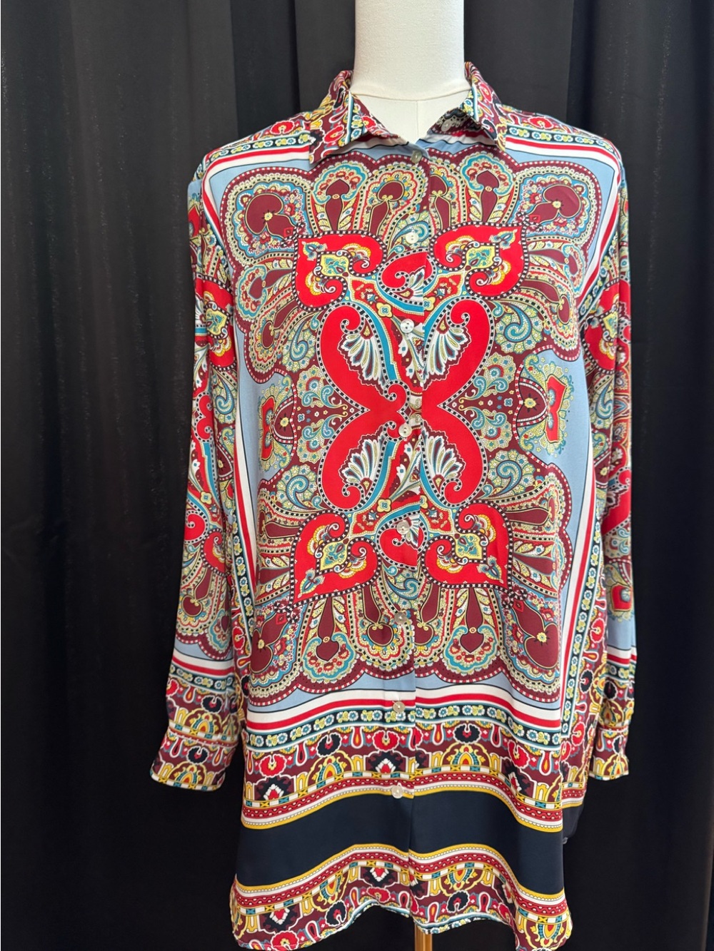 Zara Red and Light Blue Paisley Button-Down Shirt